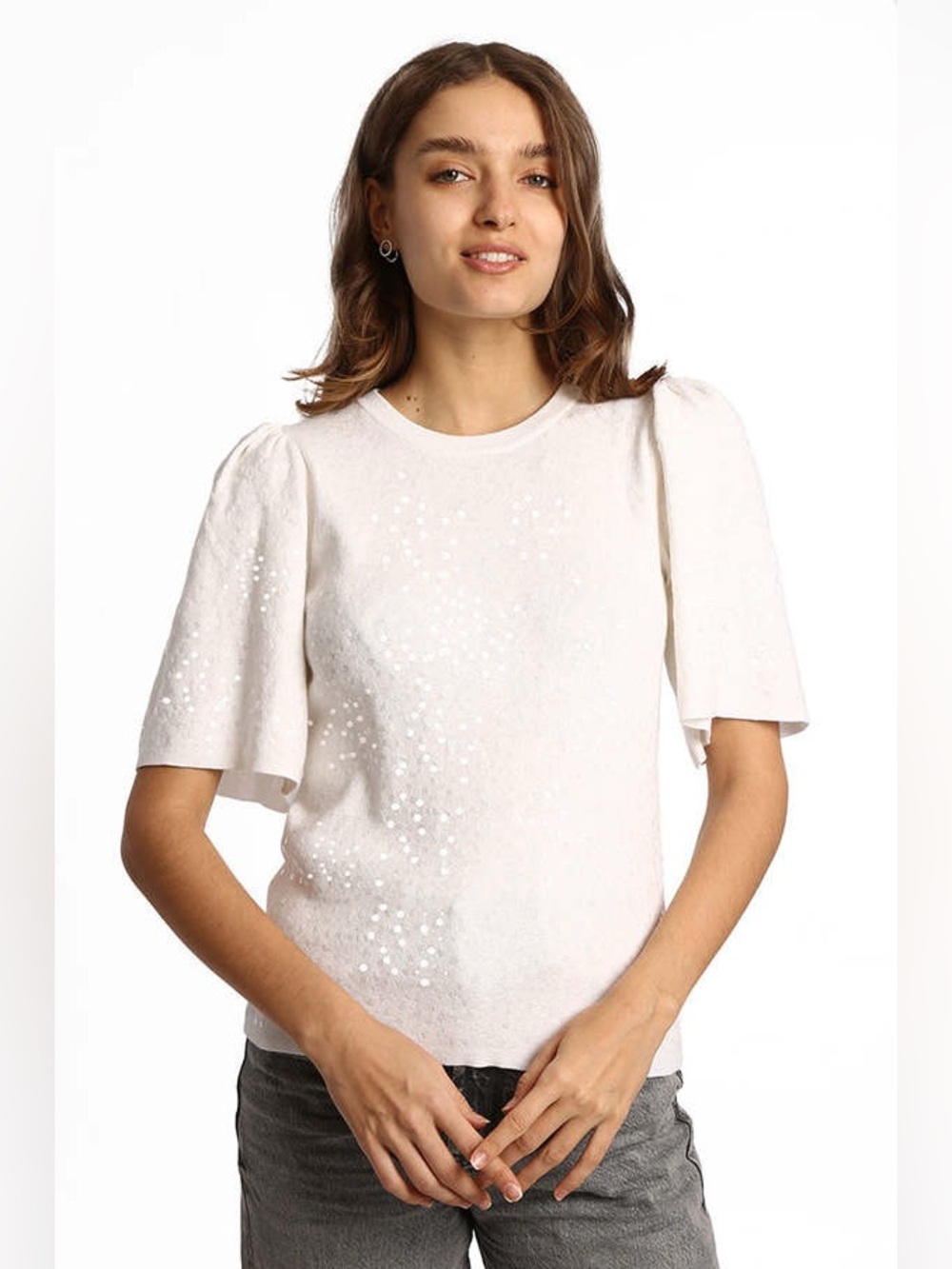 Minnie Rose White Short Sleeve Sequin Tee